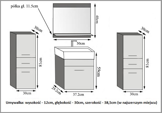 Meble łazienkowe szafki z umywalką z lustrem szare połysk szare antracyt grafitowe Producent KOR PM 4/1/W/SB/0/ZW