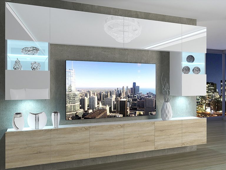 Meblościanka 300 cm TV/RTV biała połysk dębowa dąb wotan dąb sonoma Producent IMP 1/5/W/WDS/0/0
