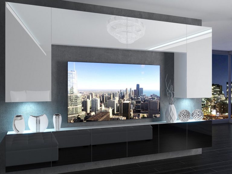 Meblościanka 300 cm TV/RTV biała połysk czarna połysk Producent IMP 2/5/W/WB/0/0