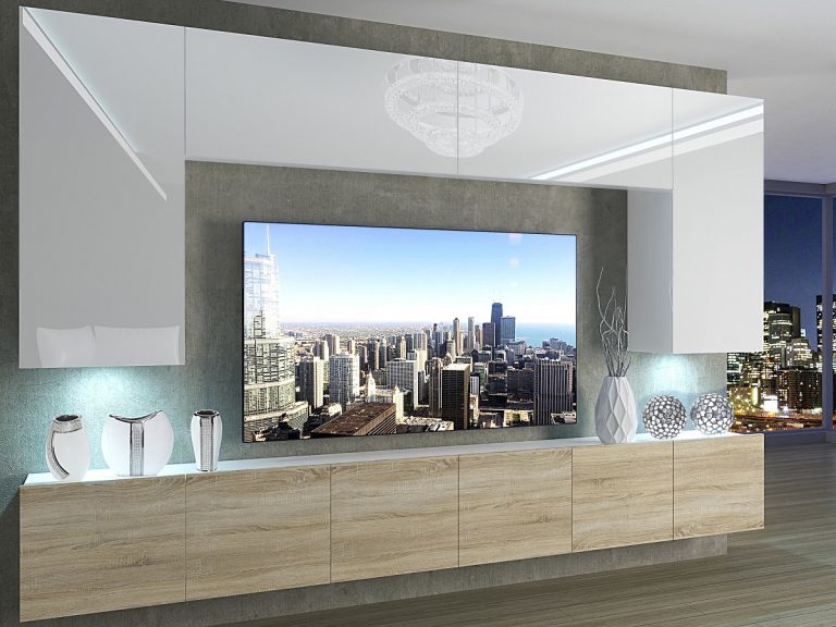 Meblościanka 300 cm TV/RTV biała połysk dębowa dąb wotan dąb sonoma Producent IMP 2/5/W/WDS/0/0