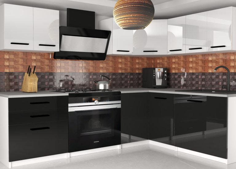 Meble kuchenne 300 cm białe połysk czarne połysk z blatem Producent INF ARMIN2/3/WT/WB/0/B1