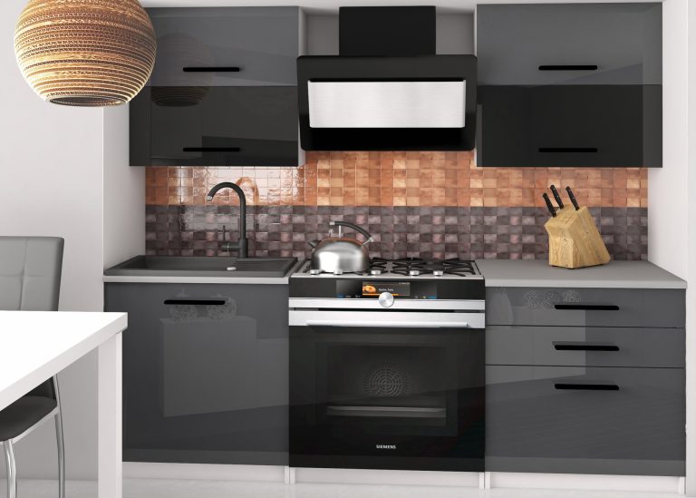 Meble kuchenne 120 cm szare połysk czarne połysk z blatem Producent INF ELEGANTA2/2/WT/SBS/0/B1