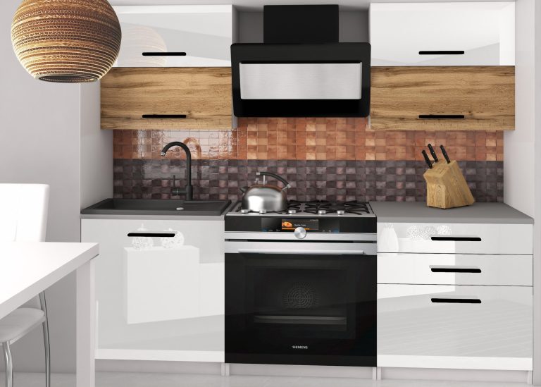 Meble kuchenne 120 cm białe połysk dębowe dąb wotan dąb sonoma z blatem Producent INF ELEGANTA2/2/WT/WDWW/0/B1