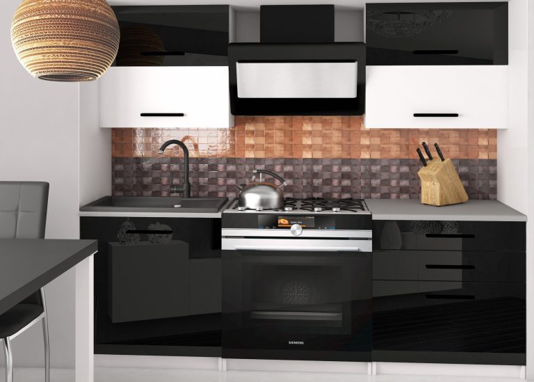Meble kuchenne 120 cm czarne połysk biały mat z blatem Producent INF ELEGANTA2/2/WT/BWTB/0/B1