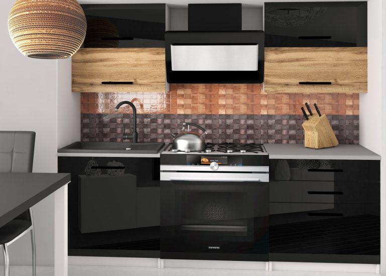 Meble kuchenne 120 cm czarne połysk dębowe dąb wotan dąb sonoma z blatem Producent INF ELEGANTA2/2/WT/BDWB/0/B1