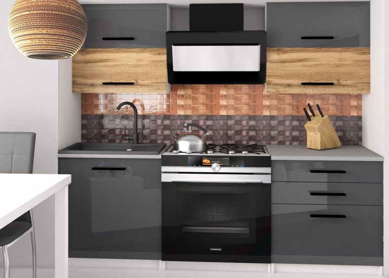 Meble kuchenne 120 cm szare połysk dębowe dąb wotan dąb sonoma z blatem Producent INF ELEGANTA2/2/WT/SDWS/0/B1