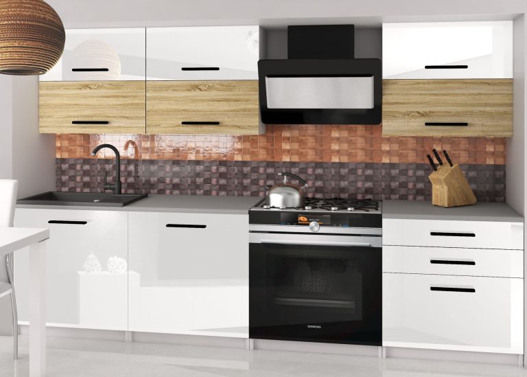 Meble kuchenne 180 cm białe połysk dębowe dąb wotan dąb sonoma z blatem Producent INF PRIMERA2/2/WT/WDSW/0/B1