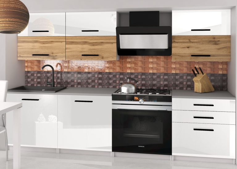 Meble kuchenne 180 cm białe połysk dębowe dąb wotan dąb sonoma z blatem Producent INF PRIMERA2/2/WT/WDWW/0/B1