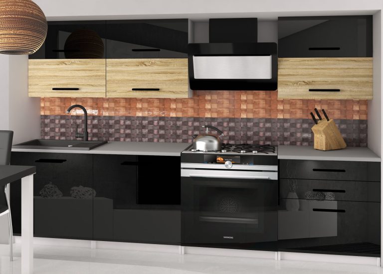 Meble kuchenne 180 cm czarne połysk dębowe dąb wotan dąb sonoma z blatem Producent INF PRIMERA2/2/WT/BDSB/0/B1