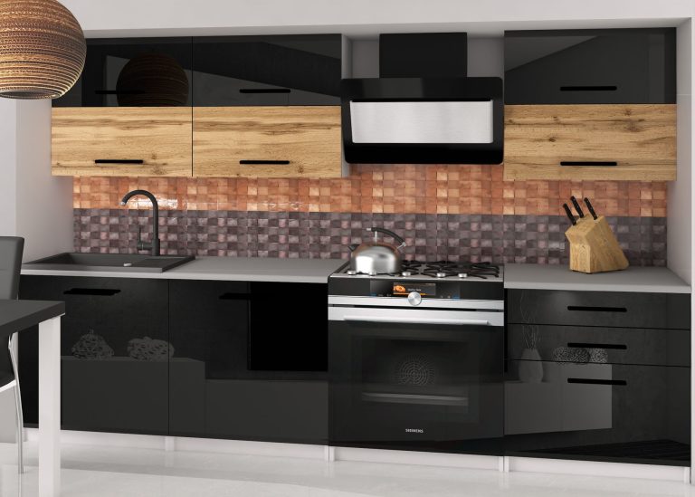 Meble kuchenne 180 cm czarne połysk dębowe dąb wotan dąb sonoma z blatem Producent INF PRIMERA2/2/WT/BDWB/0/B1