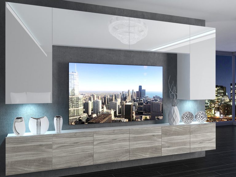 Meblościanka 300 cm TV/RTV biała połysk szary antracyt grafitowy Producent IMP 2/5/W/WGW1/0/0