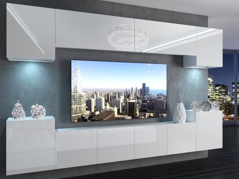 Meblościanka 300 cm TV/RTV biała połysk Producent IMP 4/5/W/W/0/0