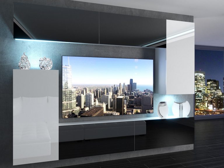 Meblościanka 250 cm TV/RTV biała połysk czarna połysk Producent IMP 8/5/W/BWWB/0/0