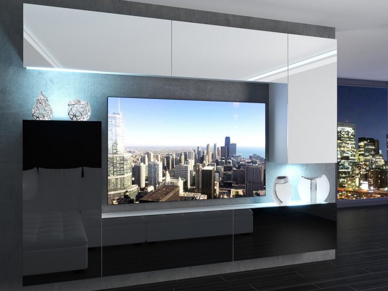 Meblościanka 250 cm TV/RTV biała połysk czarna połysk Producent IMP 8/5/W/WB/0/0