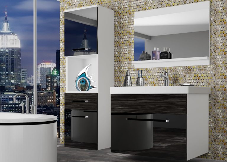Meble łazienkowe szafki z umywalką z lustrem czarne połysk czarne heban ciemne Producent ROD PM 3/0/W/BHK/0/ZW