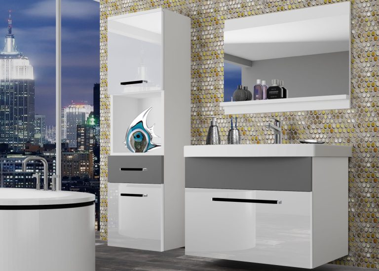Meble łazienkowe szafki z umywalką z lustrem białe połysk szare antracyt grafitowe Producent ROD PM 3/0/W/WSR/0/ZW
