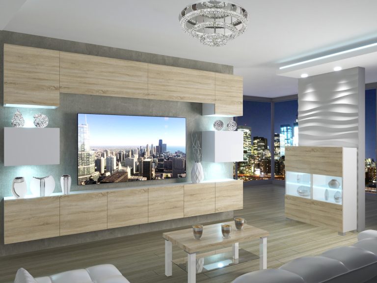 Meblościanka 300 cm TV/RTV dębowa dąb wotan dąb sonoma biała połysk Producent IMP 3/5/W/DSWDS/0/0