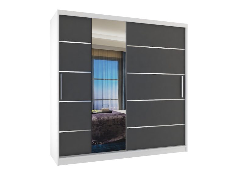 Szafa przesuwna 200 cm PREMIUM Z SZUFLADAMI z lustrem szara antracyt grafitowa Producent MBP SZP5/1/W/SR/0/KLAL