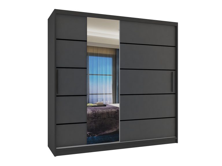 Szafa przesuwna 200 cm PREMIUM Z SZUFLADAMI z lustrem szara antracyt grafitowa Producent MBP SZP5/1/B/SR/0/KLP