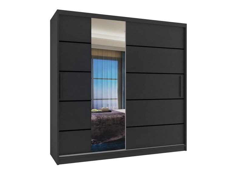 Szafa przesuwna 200 cm PREMIUM Z SZUFLADAMI czarna heban ciemna Producent MBP SZP5/1/B/B/0/KLP