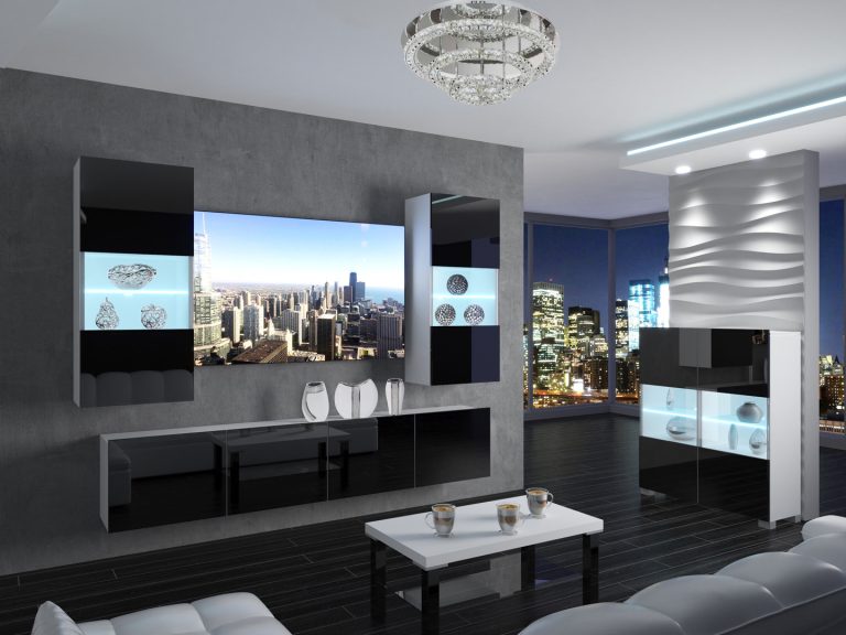 Meblościanka 200 cm TV/RTV czarna połysk Producent IMP 7/5/W/B/0/0