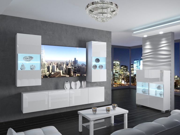 Meblościanka 200 cm TV/RTV biała połysk Producent IMP 7/5/W/W/0/0