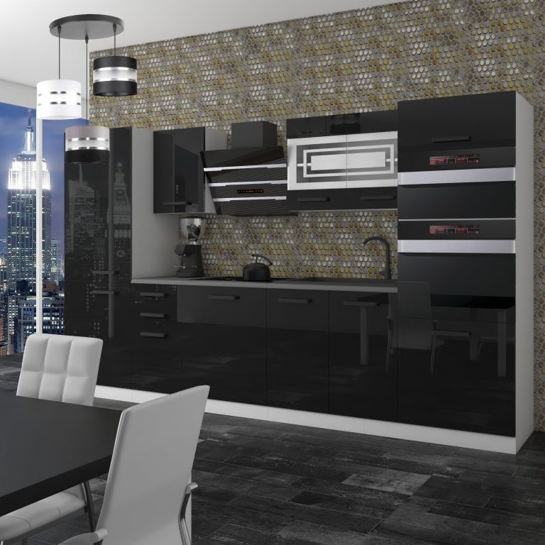 Meble kuchenne Premium Full Version 300 cm czarne połysk z blatem Producent INF MILA/0/WT/B/B/B1