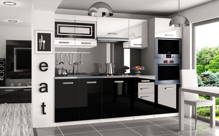 Meble kuchenne 240 cm białe połysk czarne połysk z blatem Producent INF PAULA/7/WT/WB/0/F