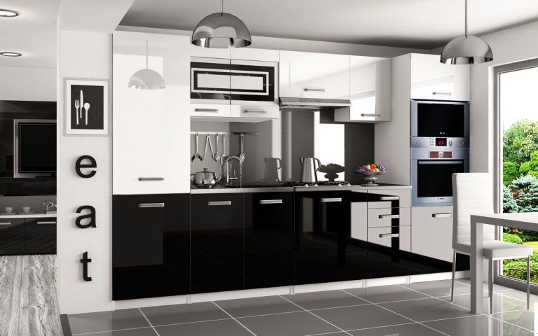 Meble kuchenne 300 cm białe połysk czarne połysk z blatem Producent INF SYNTKA/6/WT/WB/0/F
