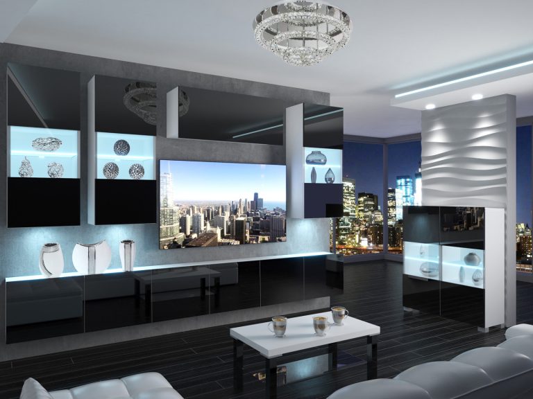 Meblościanka 300 cm TV/RTV czarna połysk Producent IMP 5/5/W/B/0/0