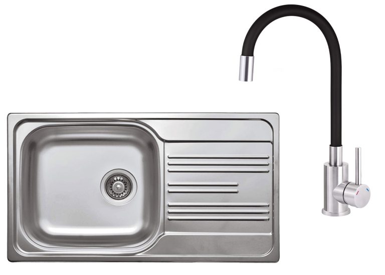 Zestaw PROMOCYJNY zlew stalowy + bateria z giętą wylewką ZEX 0113 / BOC B720