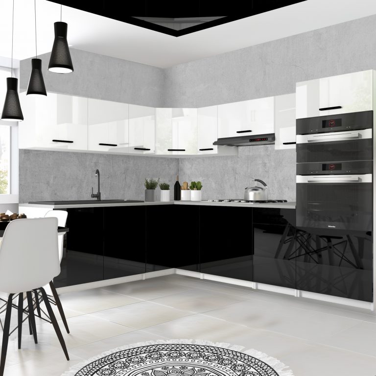 Meble kuchenne 420 cm białe połysk czarne połysk z blatem Producent INF UNIQAGRANDE/5/WT/WB/0/B1
