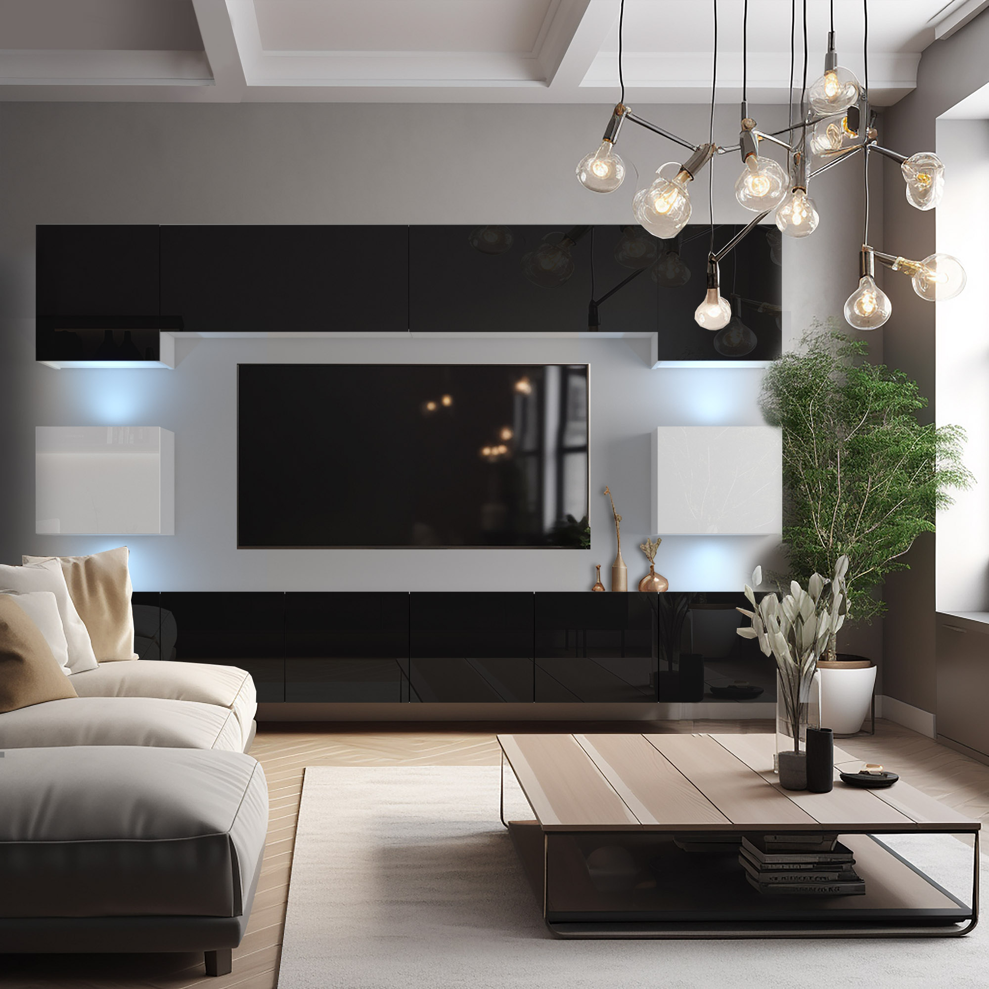 Stylowy salon z czarną ścianą i telewizorem