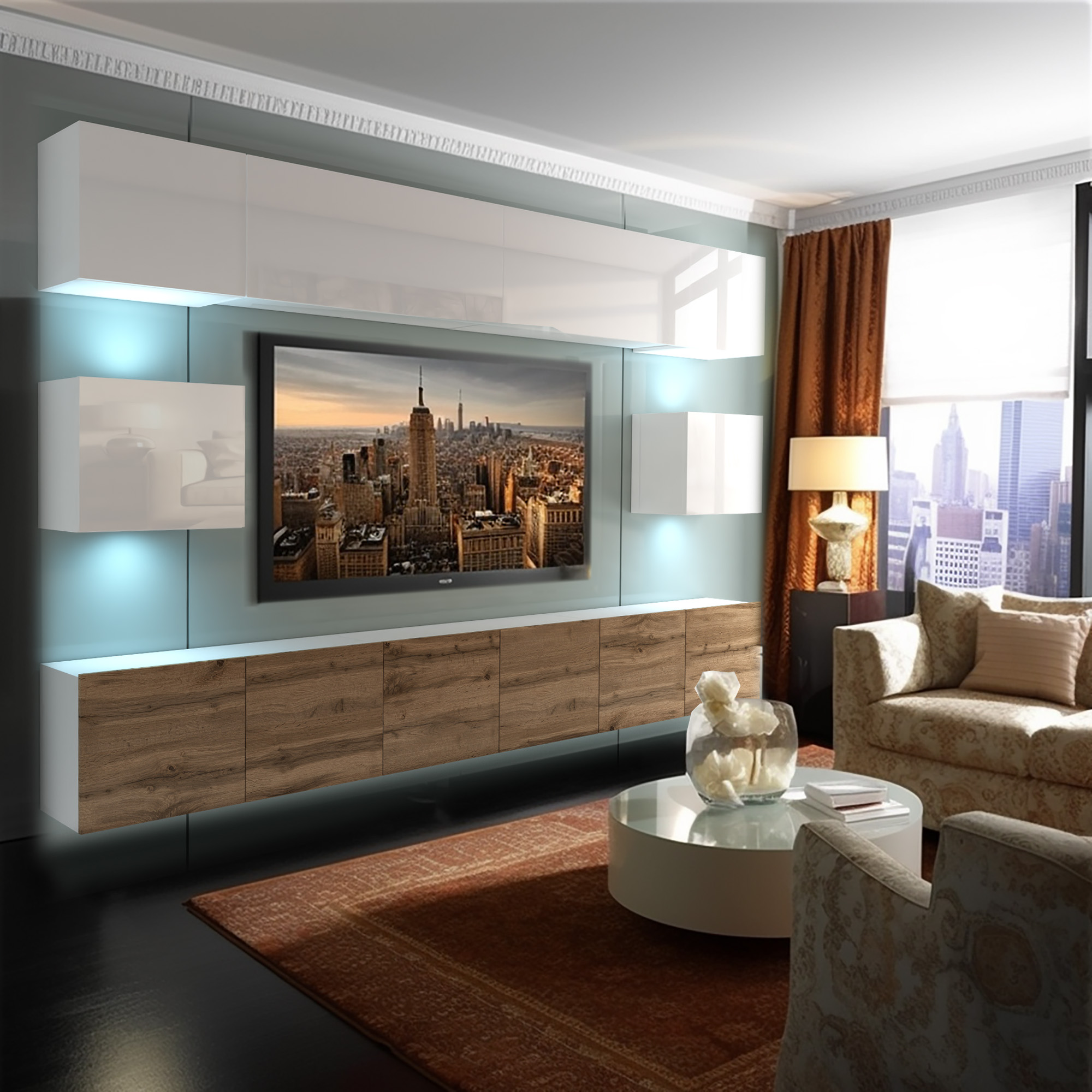 Nowoczesny salon z multimedialną ścianą i sofą