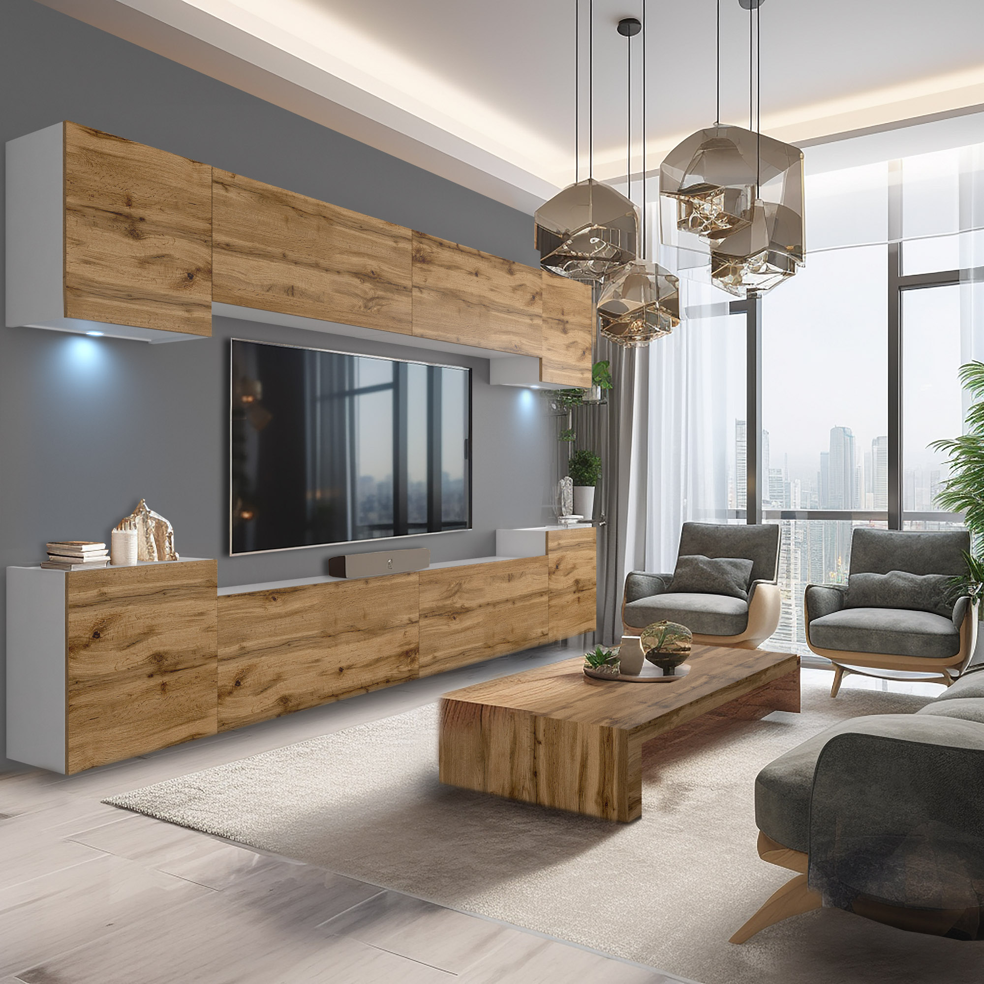 Drewniane meble i szara sofa w nowoczesnym salonie