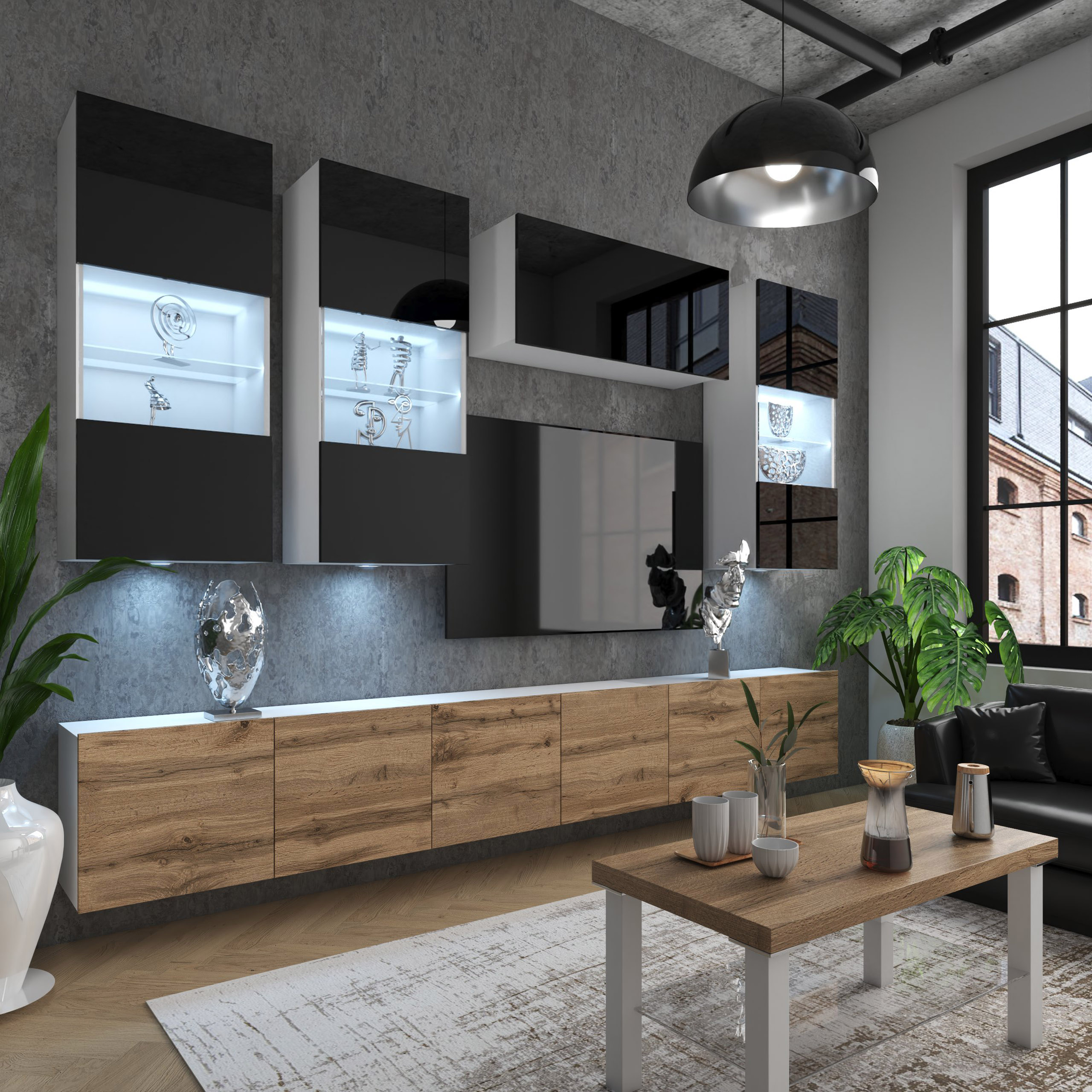 Salon z industrialnymi i drewnianymi akcentami