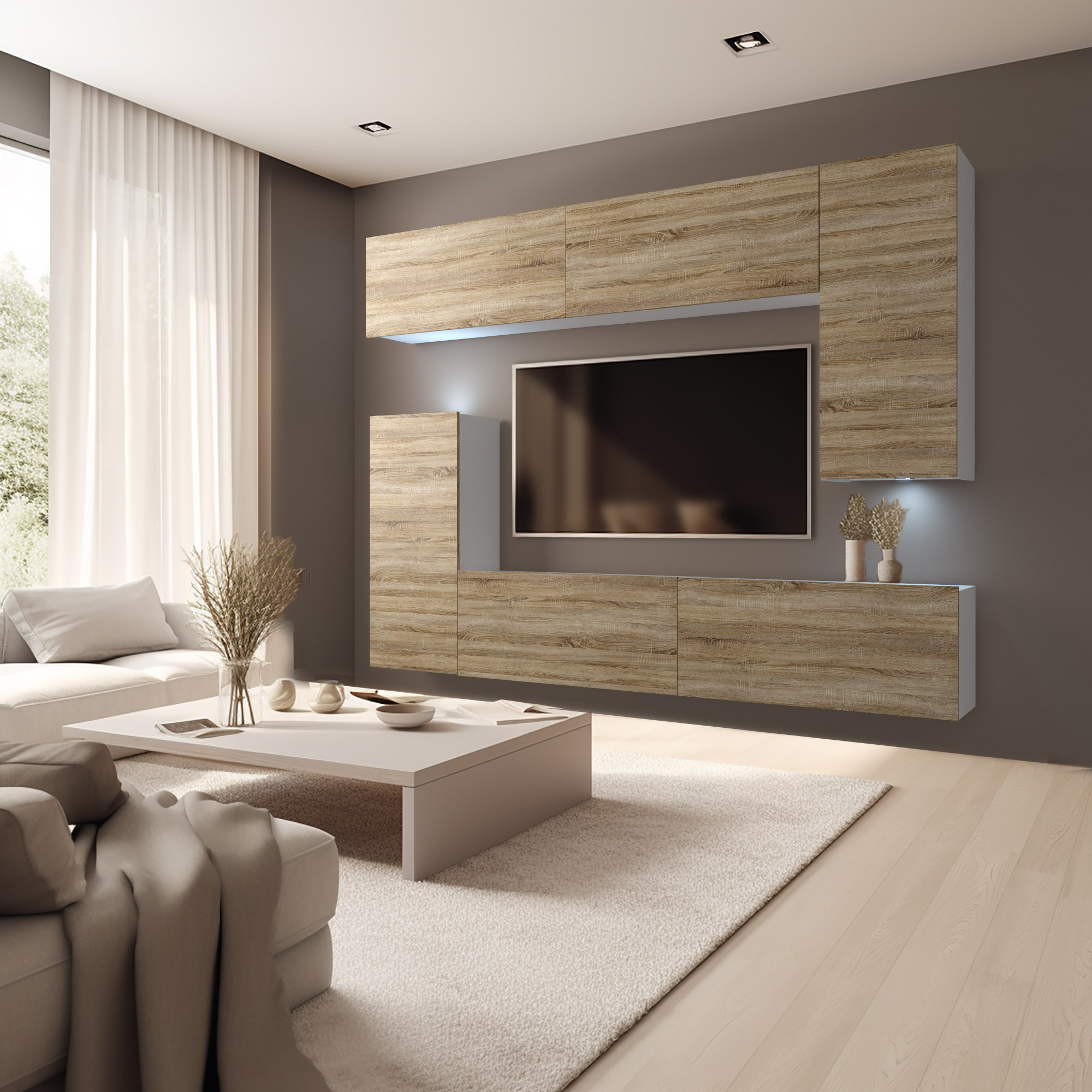 Stylowy salon z drewnianą ścianą i telewizorem