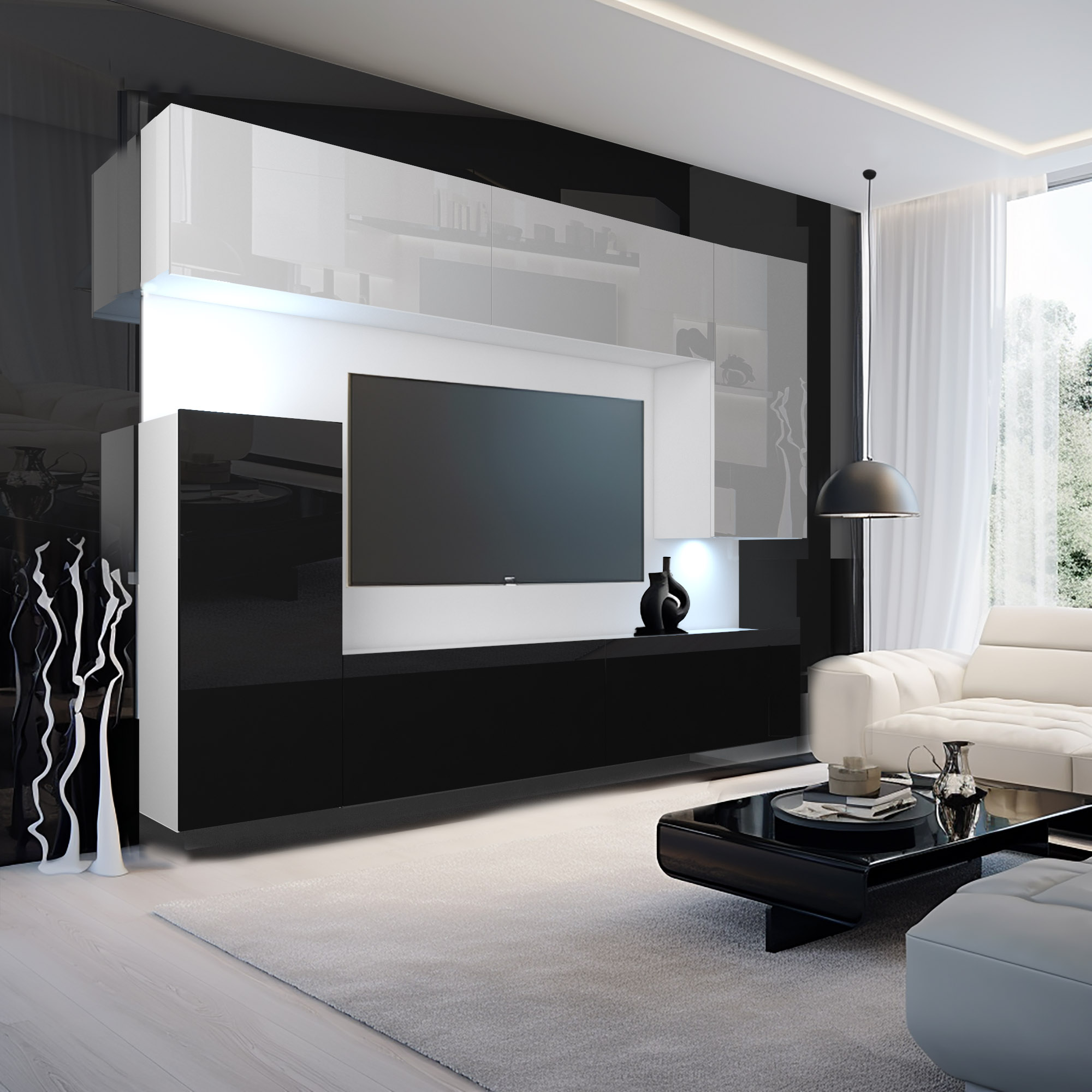 Stylowy salon z telewizorem i eleganckimi meblami
