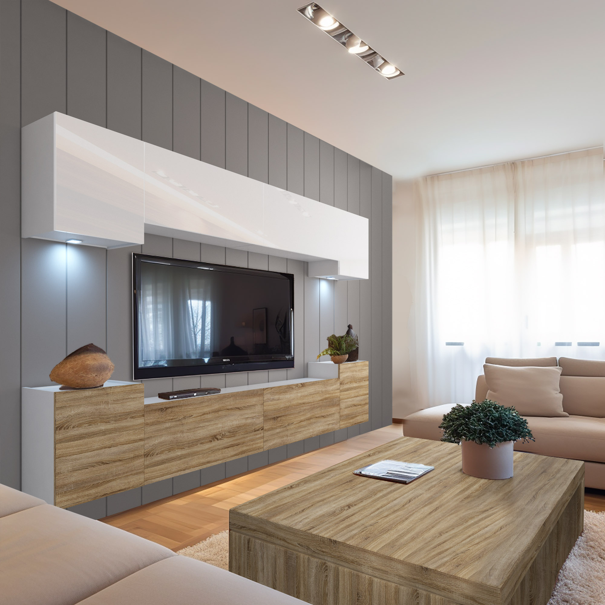 Stylowy salon z dużą ścianą z telewizorem