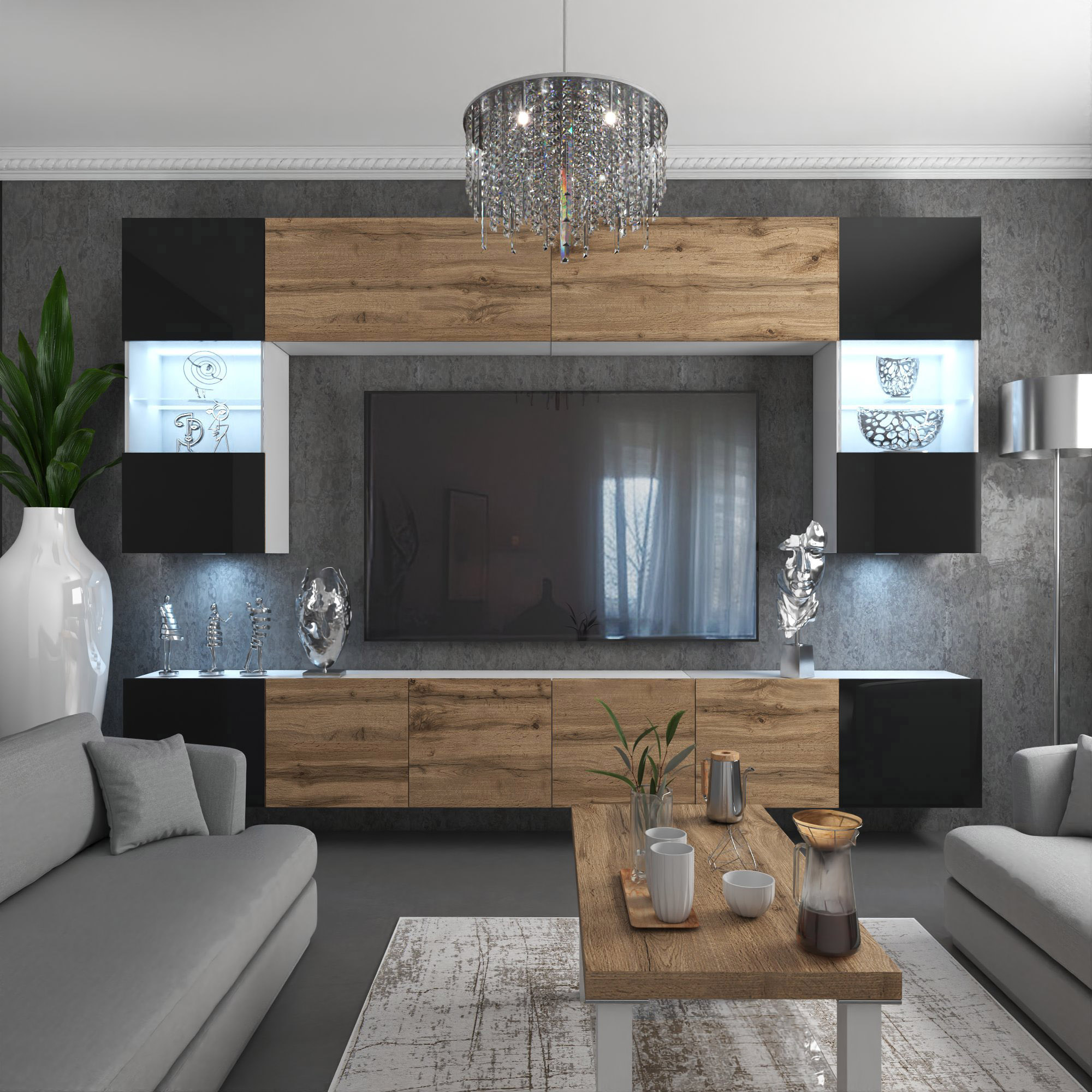 Nowoczesny salon z drewnianymi i czarnymi meblami