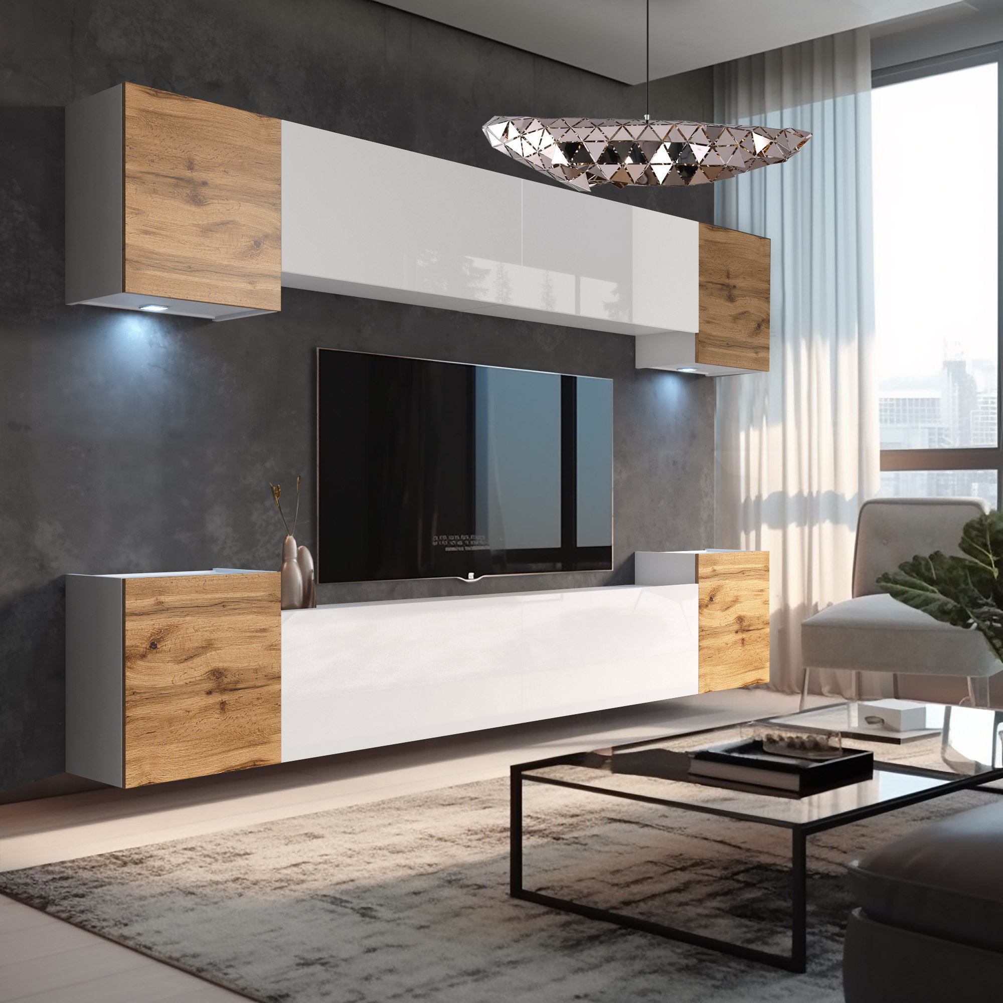Minimalistyczny salon z drewnianymi akcentami