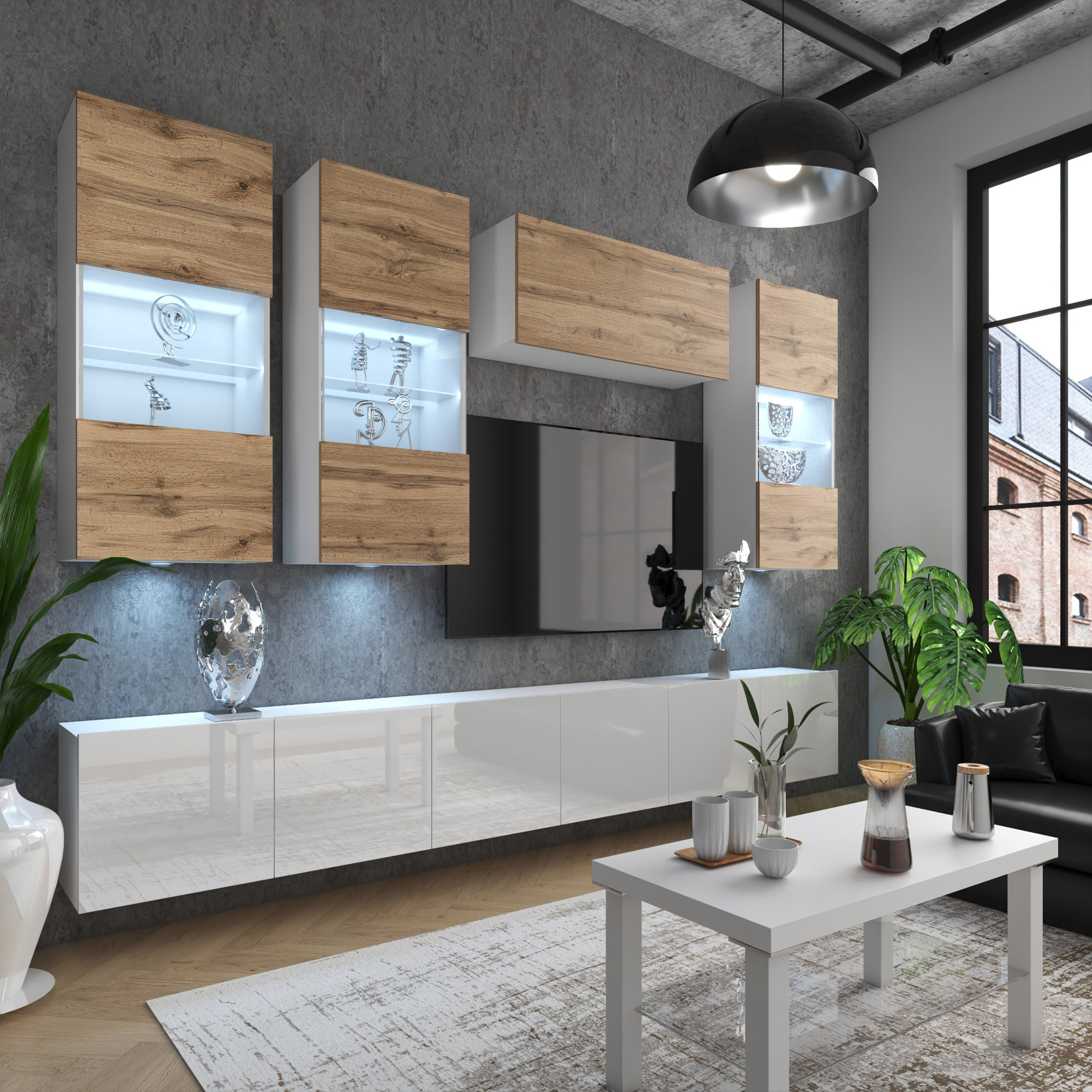 Industrialny salon z drewnianymi i białymi meblami