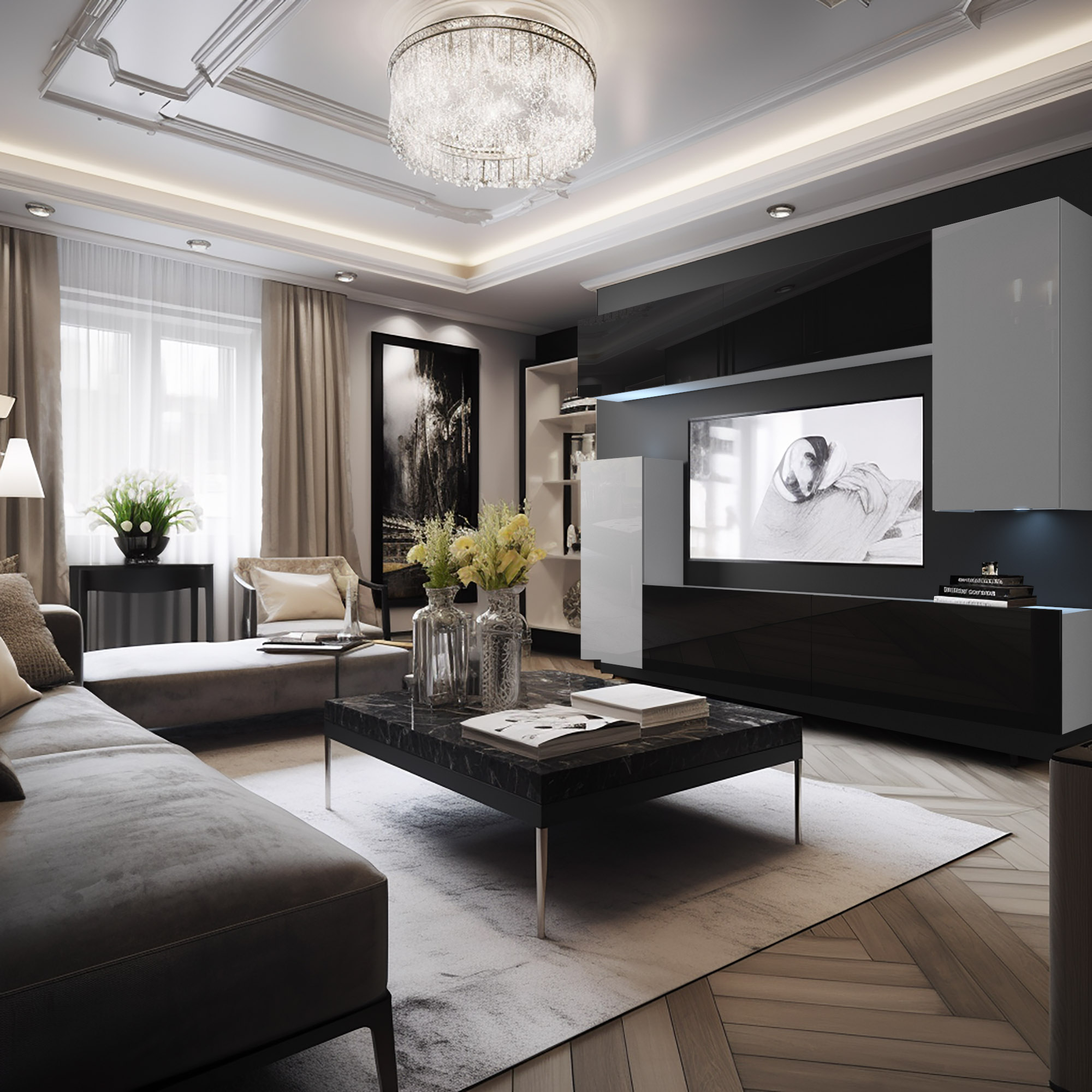 Salon z eleganckim stolikiem kawowym i nowoczesnymi meblami ###