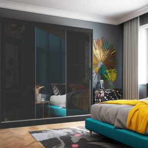 Sypialnia z czarną szafą w połysku i turkusowym łóżkiem