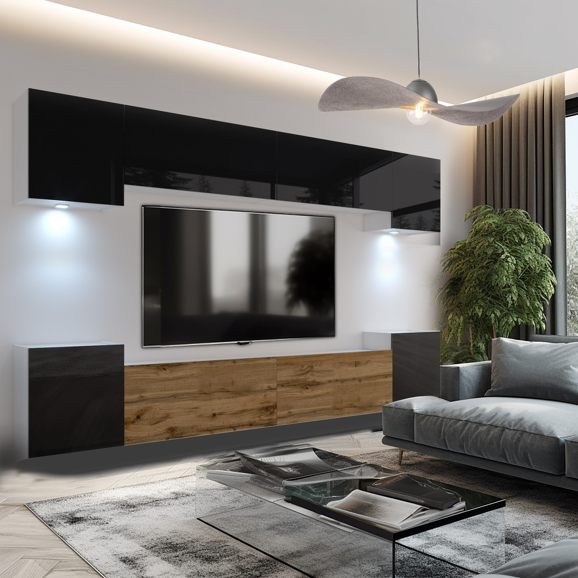 Salon z czarno-drewnianą zabudową RTV i LED