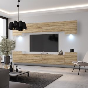 Salon z dębową ścianą RTV, LED i czarną lampą