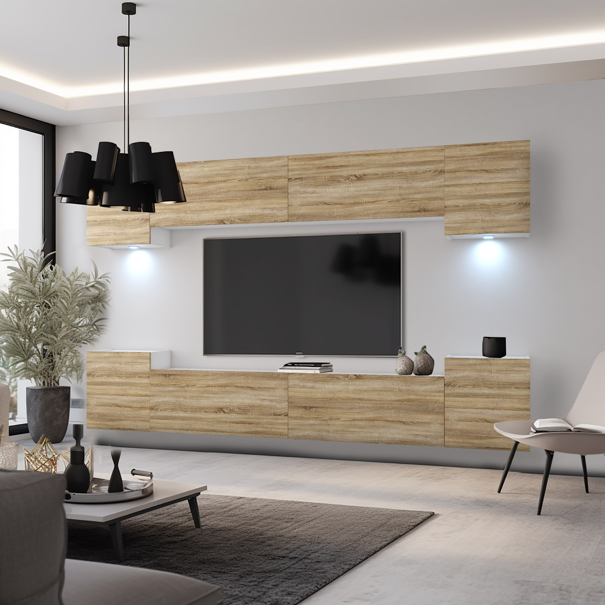 Salon z dębową ścianą RTV, LED i czarną lampą