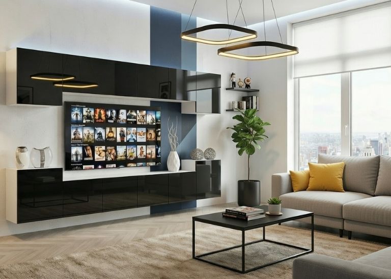 Meblościanka 300 cm TV/RTV czarna połysk Producent IMP 4/5/W/B/0/0