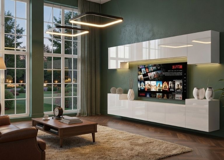 Meblościanka 300 cm TV/RTV biała połysk Producent IMP 4/5/W/W/0/0