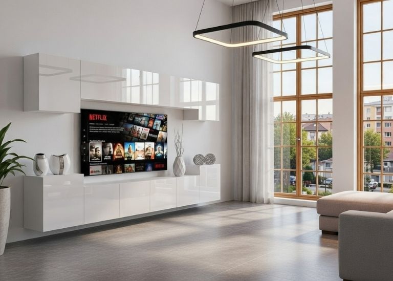 Meblościanka 300 cm TV/RTV biała połysk Producent IMP 4/5/W/W/0/0